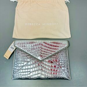Rebecca Minkoff "Leo" Leather Croc Envelope Clutch W/ zipper end Silver Metallic